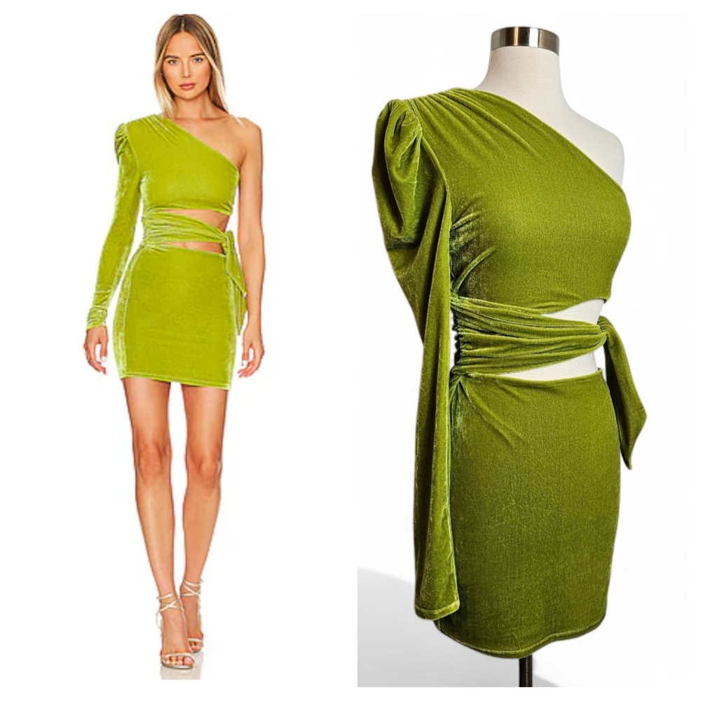Lovers + Friends Tessa Velvet Mini Dress Green S Off Shoulder Cutout NWT